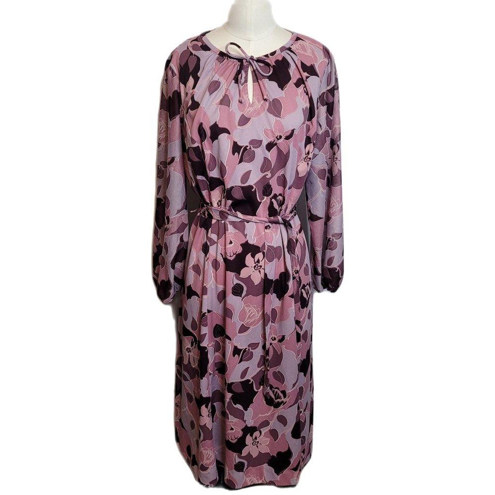 Vintage Dress Floral Polyester Purple Belted Long Sleeve Medium Damon Fashion 70